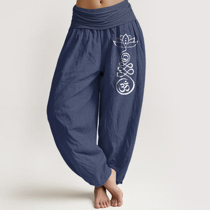 Buddha Stones Plain Lotus Om Pattern Women's Elastic Waist Harem Cotton Pants