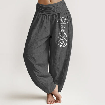 Buddha Stones Plain Lotus Om Pattern Women's Elastic Waist Harem Cotton Pants