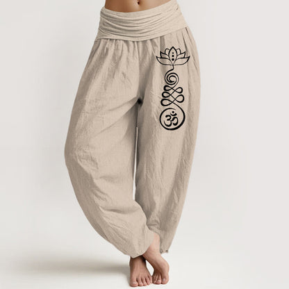 Buddha Stones Plain Lotus Om Pattern Women's Elastic Waist Harem Cotton Pants