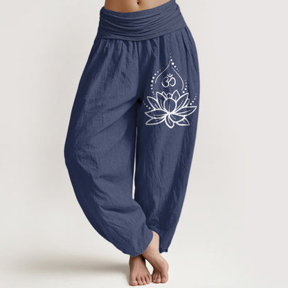 Buddha Stones Blooming Lotus Om Symbol Pattern Women's Elastic Waist Harem Cotton Pants