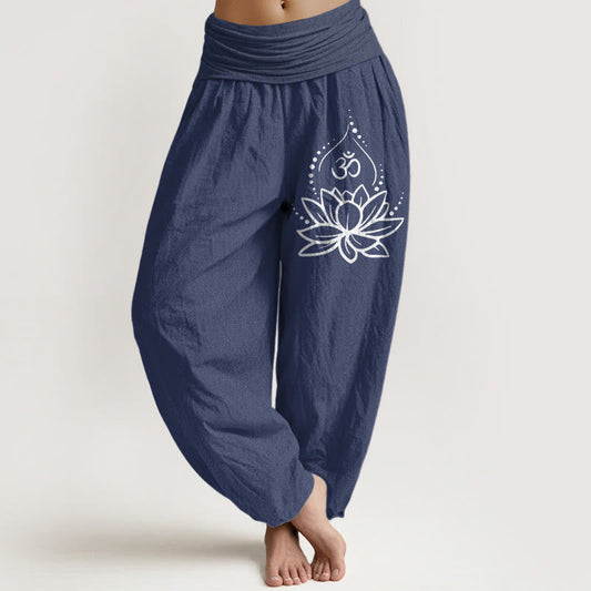Buddha Stones Blooming Lotus Om Symbol Pattern Women's Elastic Waist Harem Cotton Pants