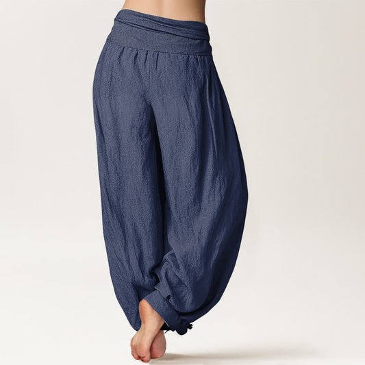 Buddha Stones Blooming Lotus Om Symbol Pattern Women's Elastic Waist Harem Cotton Pants