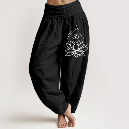 Buddha Stones Blooming Lotus Om Symbol Pattern Women's Elastic Waist Harem Cotton Pants