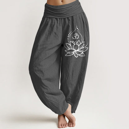 Buddha Stones Blooming Lotus Om Symbol Pattern Women's Elastic Waist Harem Cotton Pants