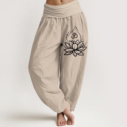 Buddha Stones Blooming Lotus Om Symbol Pattern Women's Elastic Waist Harem Cotton Pants