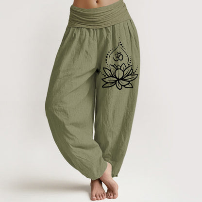 Buddha Stones Blooming Lotus Om Symbol Pattern Women's Elastic Waist Harem Cotton Pants