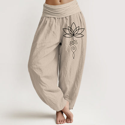 Buddha Stones Lotus Unalome Symbol Pattern Women's Elastic Waist Harem Pure Cotton Pants