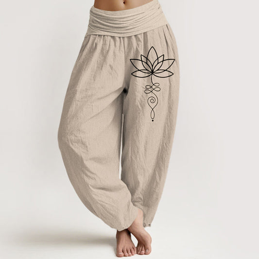Buddha Stones Lotus Unalome Symbol Pattern Women's Elastic Waist Harem Pure Cotton Pants