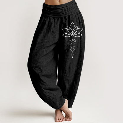 Buddha Stones Lotus Unalome Symbol Pattern Women's Elastic Waist Harem Pure Cotton Pants