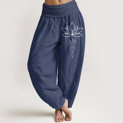 Buddha Stones Lotus Unalome Symbol Pattern Women's Elastic Waist Harem Pure Cotton Pants
