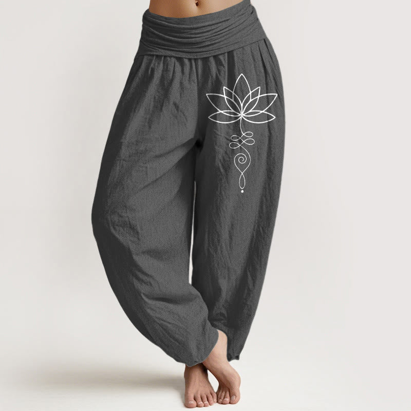 Buddha Stones Lotus Unalome Symbol Pattern Women's Elastic Waist Harem Pure Cotton Pants