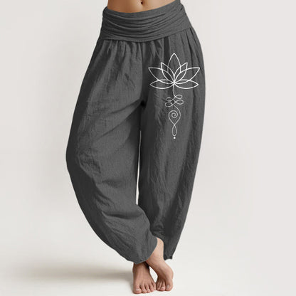 Buddha Stones Lotus Unalome Symbol Pattern Women's Elastic Waist Harem Pure Cotton Pants