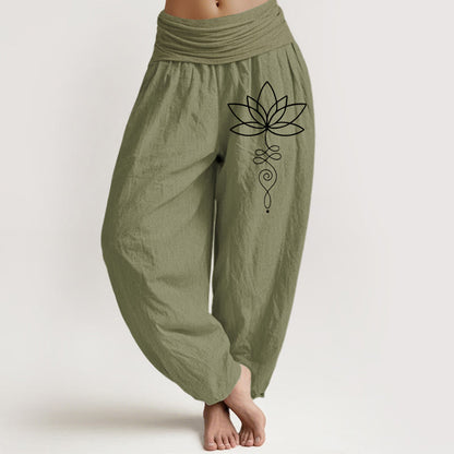 Buddha Stones Lotus Unalome Symbol Pattern Women's Elastic Waist Harem Pure Cotton Pants
