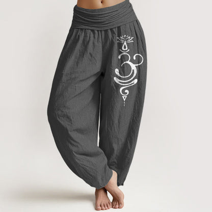Buddha Stones Lotus Flower Unalome Symbol Pattern Pure Cotton Women's Elastic Waist Harem Pants