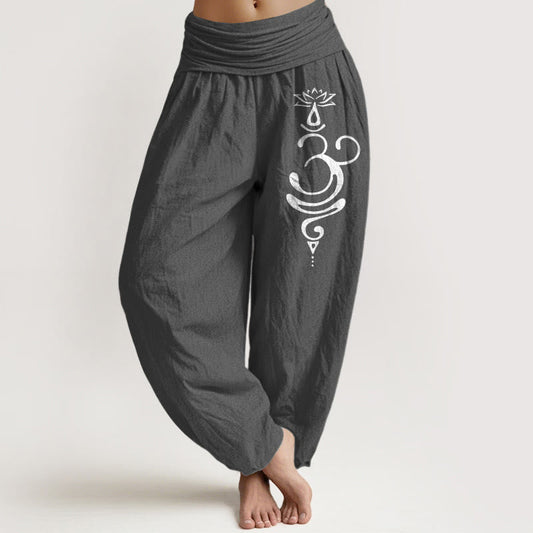 Buddha Stones Lotus Flower Unalome Symbol Pattern Pure Cotton Women's Elastic Waist Harem Pants