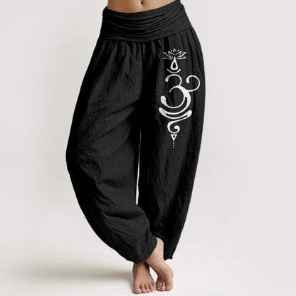 Buddha Stones Lotus Flower Unalome Symbol Pattern Pure Cotton Women's Elastic Waist Harem Pants