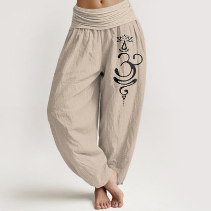 Buddha Stones Lotus Flower Unalome Symbol Pattern Pure Cotton Women's Elastic Waist Harem Pants
