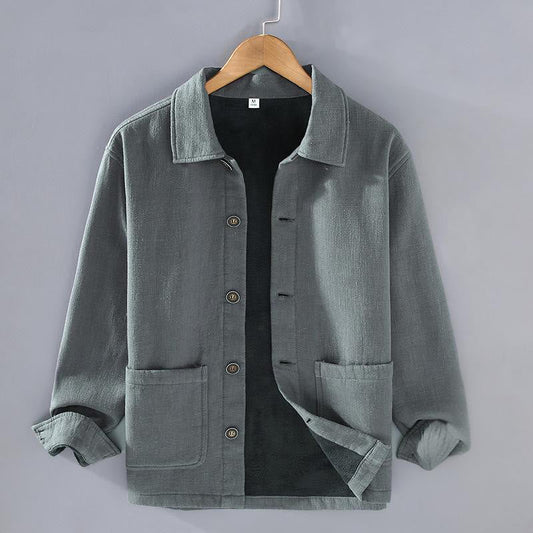 Buddha Stones Men's Plain Long Sleeve Thermal Fleece-Lined Ramie Linen Cotton Jacket With Pockets
