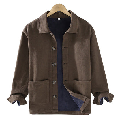 Buddha Stones Men's Plain Long Sleeve Thermal Fleece-Lined Ramie Linen Cotton Jacket With Pockets
