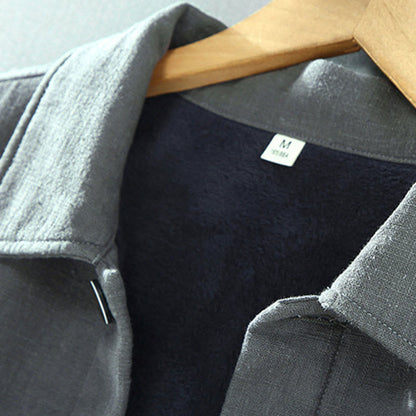 Buddha Stones Men's Plain Long Sleeve Thermal Fleece-Lined Ramie Linen Cotton Jacket With Pockets