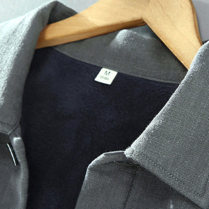 Buddha Stones Men's Plain Long Sleeve Thermal Fleece-Lined Ramie Linen Cotton Jacket With Pockets