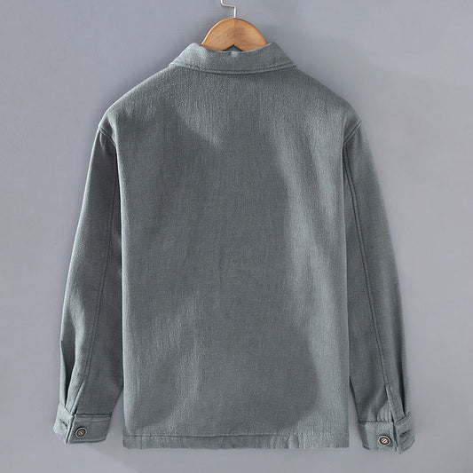Buddha Stones Men's Plain Long Sleeve Thermal Fleece-Lined Ramie Linen Cotton Jacket With Pockets