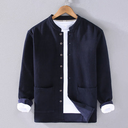 Buddha Stones Men's Stnad Collar Long Sleeve Thermal Fleece-lined Ramie Cotton Jacket With Pockets