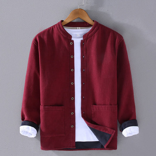 Buddha Stones Men's Stnad Collar Long Sleeve Thermal Fleece-lined Ramie Cotton Jacket With Pockets
