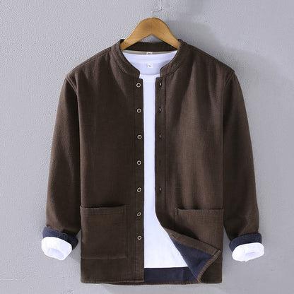 Buddha Stones Men's Stnad Collar Long Sleeve Thermal Fleece-lined Ramie Cotton Jacket With Pockets