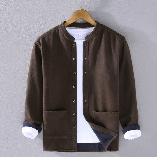 Buddha Stones Men's Stnad Collar Long Sleeve Thermal Fleece-lined Ramie Cotton Jacket With Pockets