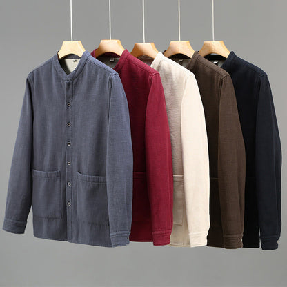 Buddha Stones Men's Stnad Collar Long Sleeve Thermal Fleece-lined Ramie Cotton Jacket With Pockets