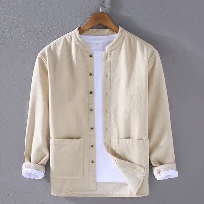 Buddha Stones Men's Stnad Collar Long Sleeve Thermal Fleece-lined Ramie Cotton Jacket With Pockets