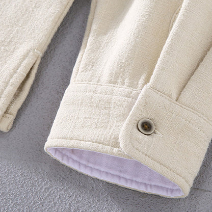 Buddha Stones Men's Stnad Collar Long Sleeve Thermal Fleece-lined Ramie Cotton Jacket With Pockets