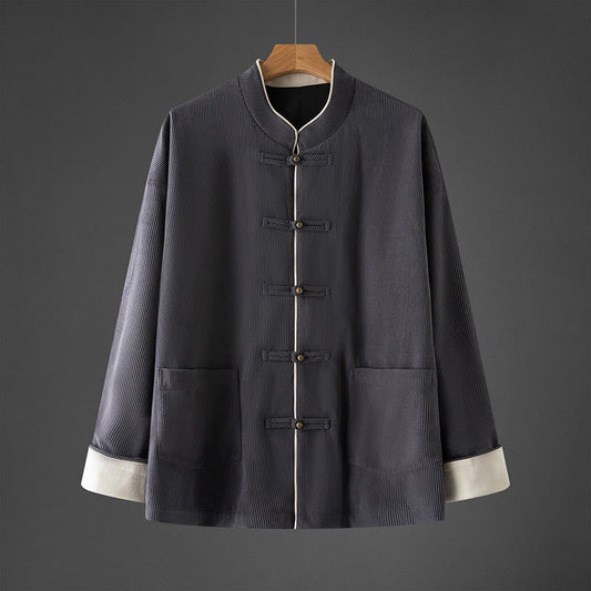 Buddha Stones Men's Frog-Button Mandarin Collar Long Sleeve Cotton Jacket Tang Suit With Pockets