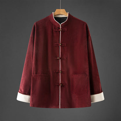 Buddha Stones Men's Frog-Button Mandarin Collar Long Sleeve Cotton Jacket Tang Suit With Pockets