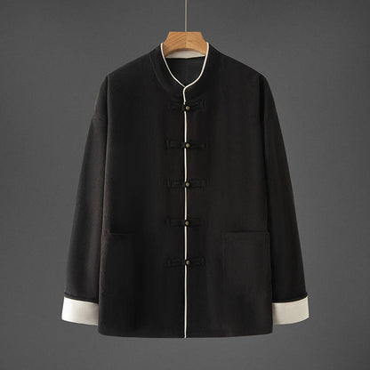 Buddha Stones Men's Frog-Button Mandarin Collar Long Sleeve Cotton Jacket Tang Suit With Pockets
