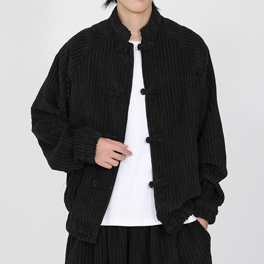 Buddha Stones Men's Chinese Plain Frog-Button Long Sleeve Cotton Corduroy Jacket With Pockets