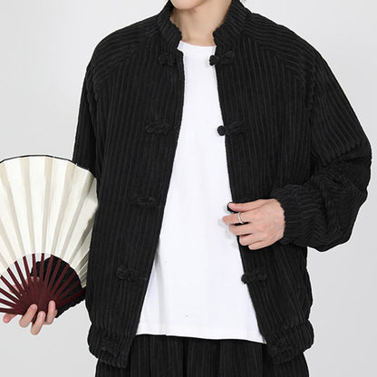 Buddha Stones Men's Chinese Plain Frog-Button Long Sleeve Cotton Corduroy Jacket With Pockets
