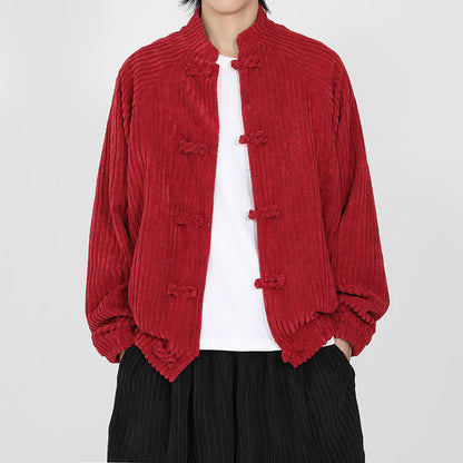 Buddha Stones Men's Chinese Plain Frog-Button Long Sleeve Cotton Corduroy Jacket With Pockets