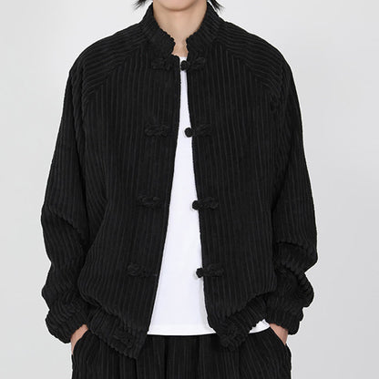 Buddha Stones Men's Chinese Plain Frog-Button Long Sleeve Cotton Corduroy Jacket With Pockets