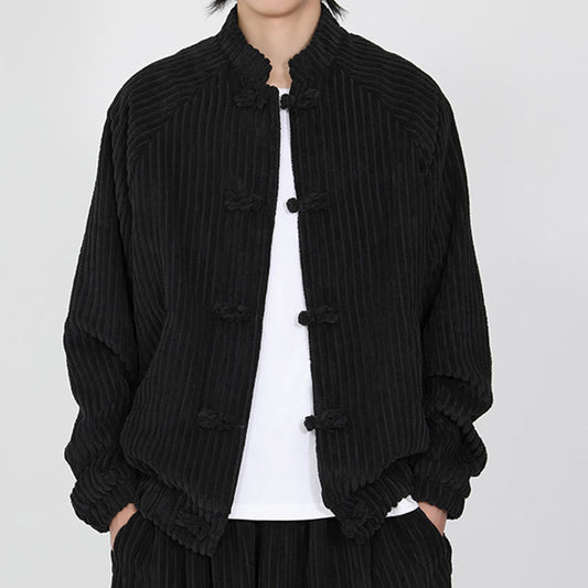 Buddha Stones Men's Chinese Plain Frog-Button Long Sleeve Cotton Corduroy Jacket With Pockets