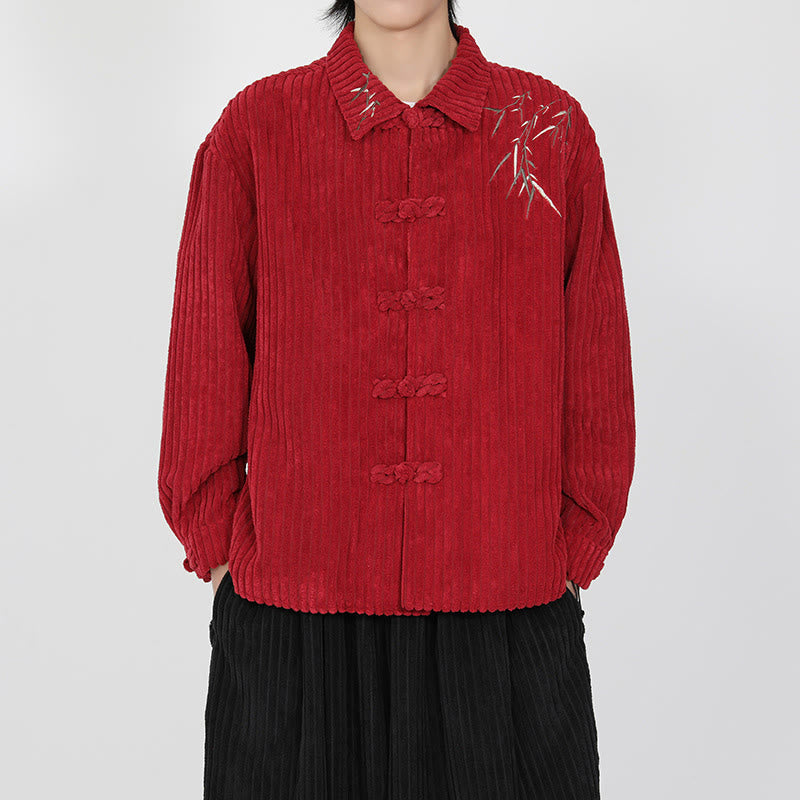 Buddha Stones Embroidery Bamboo Pattern Frog-Button Desgin Long Sleeve Men's Cotton Corduroy Jacket