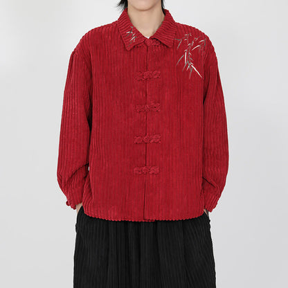Buddha Stones Embroidery Bamboo Pattern Frog-Button Desgin Long Sleeve Men's Cotton Corduroy Jacket