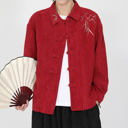 Buddha Stones Embroidery Bamboo Pattern Frog-Button Desgin Long Sleeve Men's Cotton Corduroy Jacket