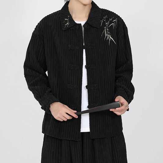 Buddha Stones Embroidery Bamboo Pattern Frog-Button Desgin Long Sleeve Men's Cotton Corduroy Jacket
