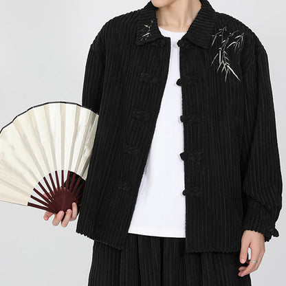 Buddha Stones Embroidery Bamboo Pattern Frog-Button Desgin Long Sleeve Men's Cotton Corduroy Jacket