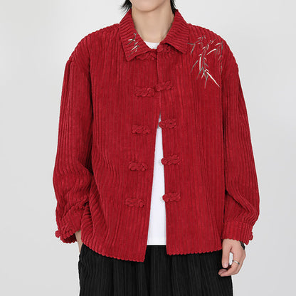 Buddha Stones Embroidery Bamboo Pattern Frog-Button Desgin Long Sleeve Men's Cotton Corduroy Jacket