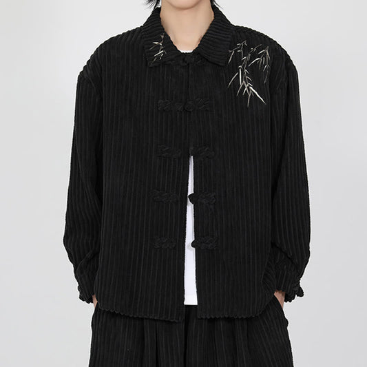 Buddha Stones Embroidery Bamboo Pattern Frog-Button Desgin Long Sleeve Men's Cotton Corduroy Jacket