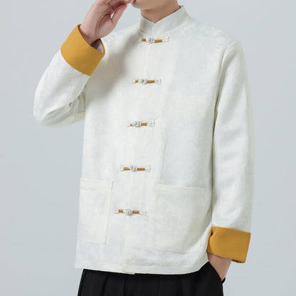 Buddha Stones Jacquard Frog-Button Long Sleeve Men's Cotton Jacket Tang Suit With Pockets