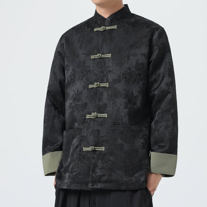 Buddha Stones Jacquard Frog-Button Long Sleeve Men's Cotton Jacket Tang Suit With Pockets